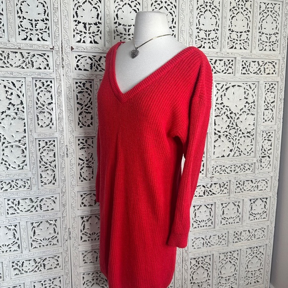 Vintage Plain Jane Red Ribbed V Neck Long Sleeve Sweater Dress Sz Medium - Picture 5 of 7